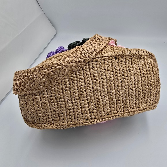 Woven Raffia Straw Bag‎ with Crochet Floral Appliques Summer Beach Tote Boho - Picture 3 of 11